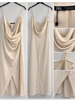 ZARA Cream Ivory Draped Cowl Neck Maxi Dress Chain Rhinestone Straps XL